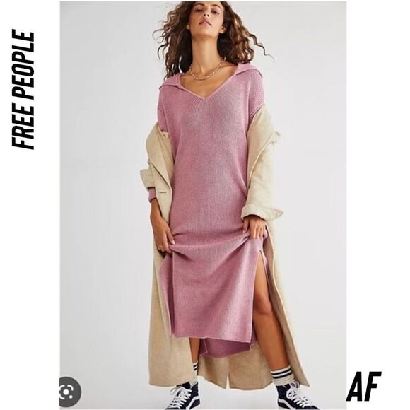 FREE PEOPLE CLAUDIA SWEATER MIDI DRESS IN SMOKED PINK NEW LARGE - Picture 1 of 9